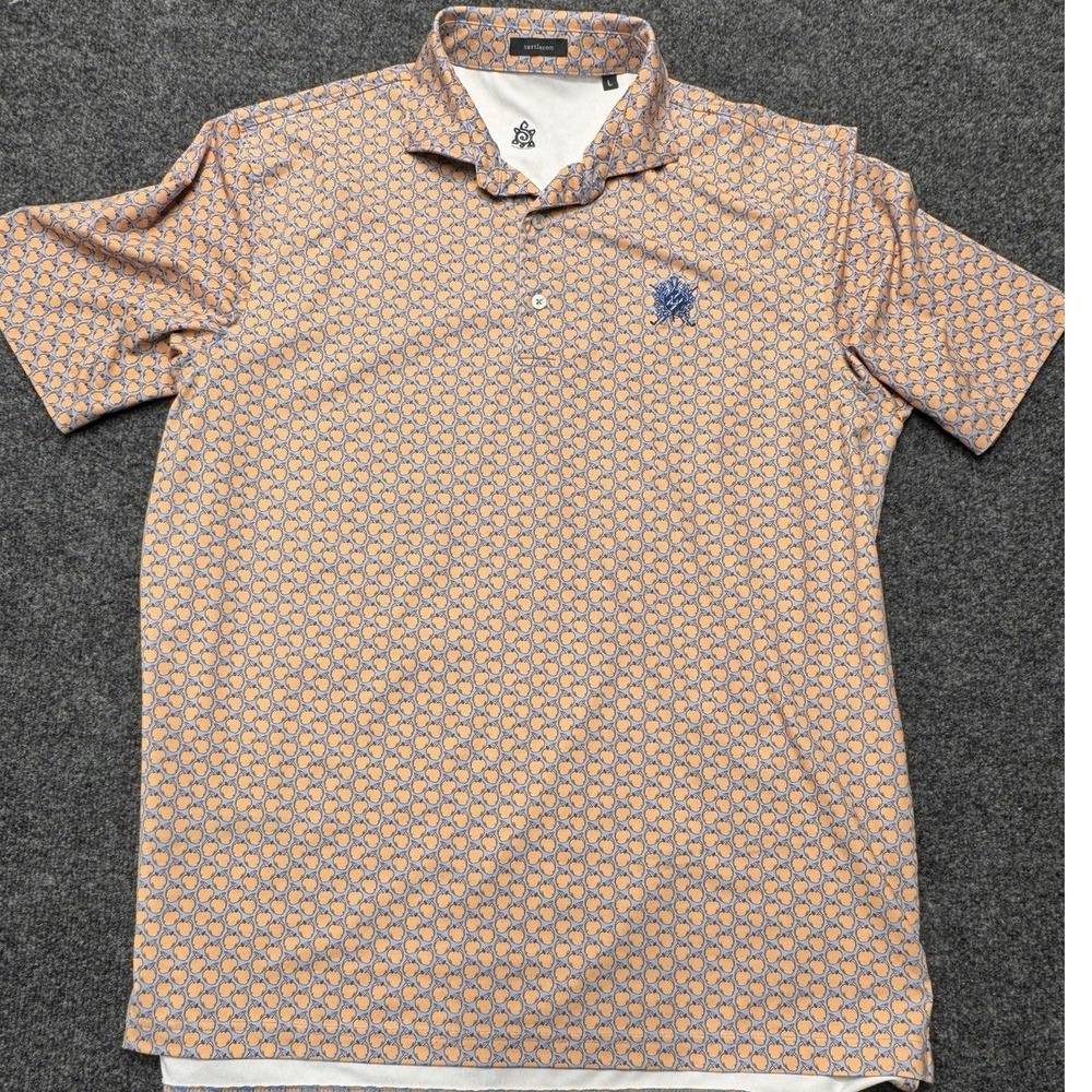 Turtleson Polo Shirt Mens Large Orange Peach Print Golf Performance Preppy Blue
